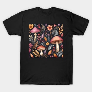 Red Mushroom Orange Flowers Green Leaves T-Shirt